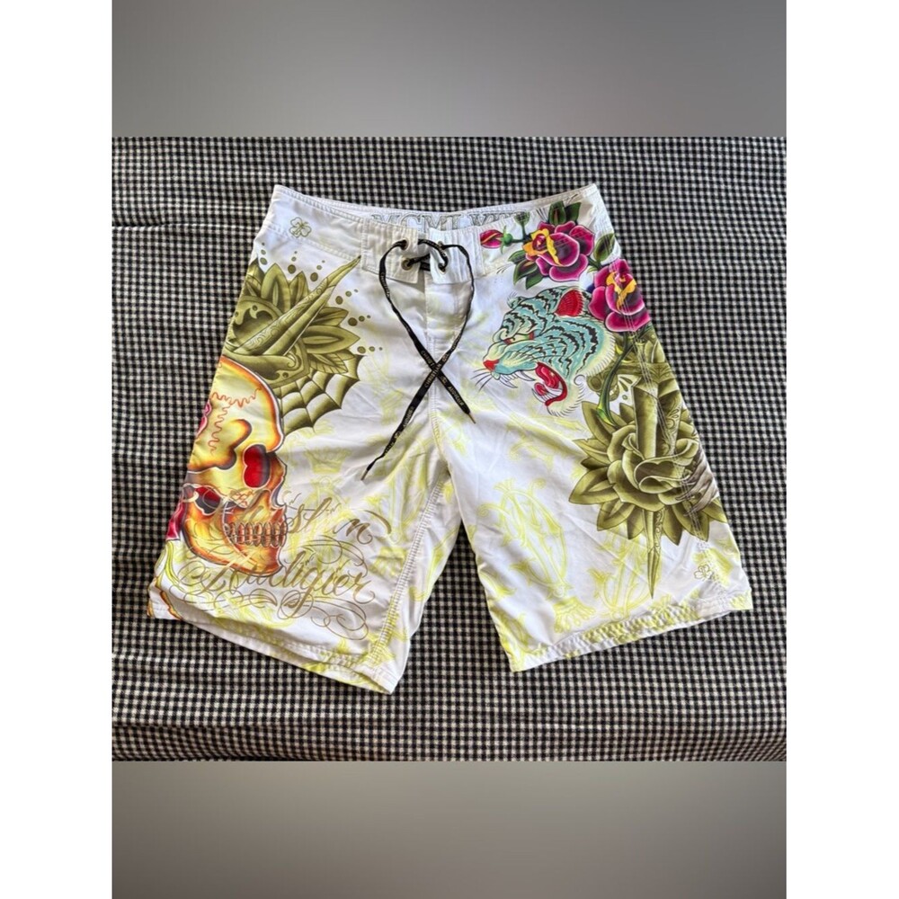 Christian Audigier Tattoo-Print Ed Hardy Board Shorts with Skull/Tiger Y2K! 💀